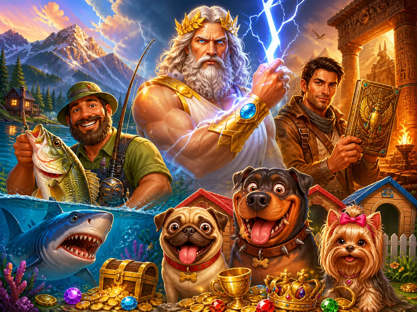 Slot game artwork featuring fantasy characters and vibrant environments for Pinco Casino.